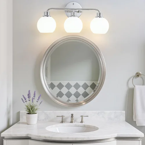 Vista 7 de Lámpara de tocador cromada para baño, 3 luces plateadas Cromado