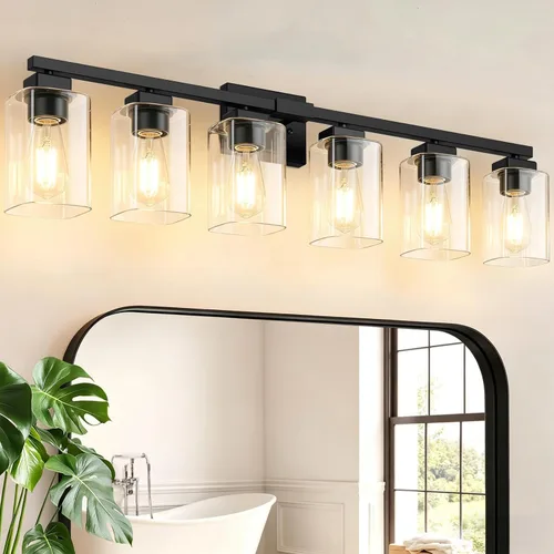 Vista 17 de Lámpara de baño de 3 luces de 19 pulgadas, moderna lámpara de tocador negra, accesorios de iluminación de baño sobre espejo, lámpara de aplique