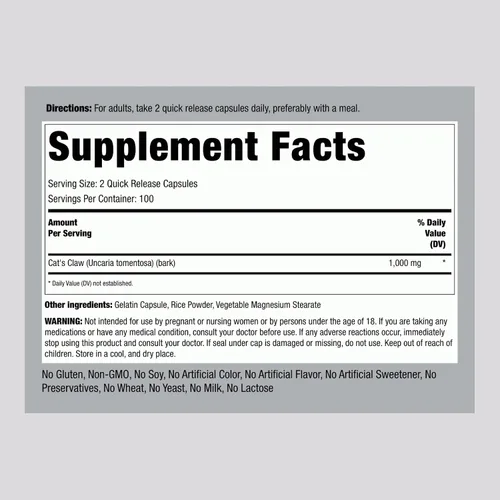 Vista 2 de Piping Rock Cápsulas de garra de gato de 1000 mg 200 unidades UNA De Gato Suplemento de hierbas Sin OMG, sin gluten