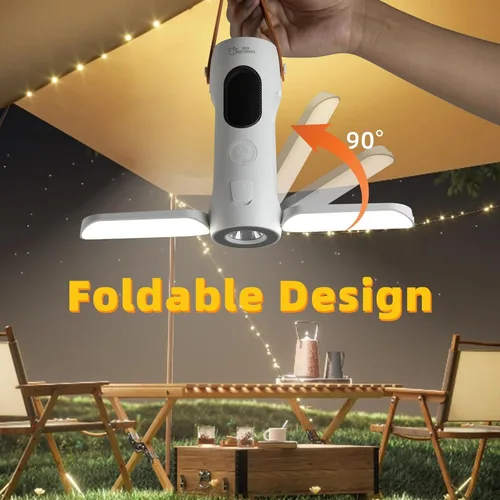 Vista 8 de Linterna plegable recargable con 2 altavoces Bluetooth, banco de energía de 10000 mAh, linterna portátil con gancho extraíble, IP54 impermeable