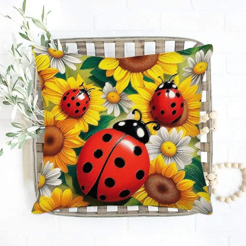 Vista 2 de Fundas de almohada de mariquitas de girasol, fundas de almohada decorativas para decoración del hogar, fundas de almohada cuadradas para interiores
