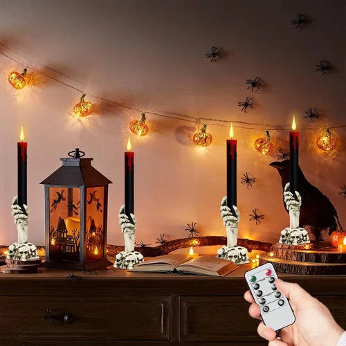 Vista 4 de GenSwin Velas cónicas sin llama de Halloween en negro con candelabros de mano de fantasma y temporizador remoto, 2 piezas de velas cónicas operadas