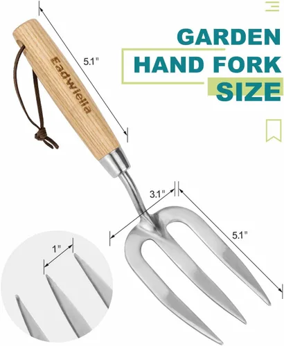 Vista 4 de Herramienta de mano de horquilla de jardín, tenedor pequeño de 12 pulgadas con mango de madera de 3 dientes puntiagudos para jardinería, cultivo