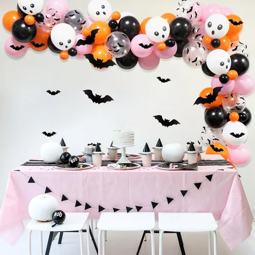 Vista 2 de Kit de guirnalda de arco de globos de Halloween, arco de globos de Halloween rosa, negro y naranja con globos de aluminio BOO, globos de calavera