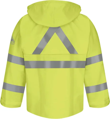 Vista 2 de Bulwark Chaqueta de lluvia regular de alta visibilidad HRC2 resistente a la llama, pestañas de recogida en el puño, amarilloverde