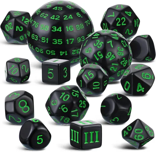 Vista 14 de Civaner Juego completo de 15 dados poliédricos D3-D100 esféricos RPG en negro opaco, 100 lados para juegos de rol, suministros de fiesta