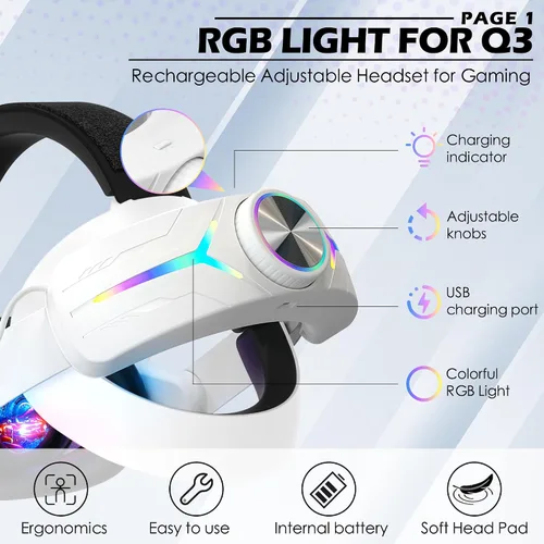Vista 2 de Orzero Head Strap Accessories Compatible for Quest 3 with Extended 8000mah Battery Pack - Enhanced Comfort and Extended Gaming Time with RGB Light
