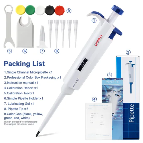 Vista 6 de FOUR E'S SCIENTIFIC Pipeteta de un solo canal, micropipeta de volumen variable ajustable de alta precisión para laboratorio (0.1-2.5 uL)