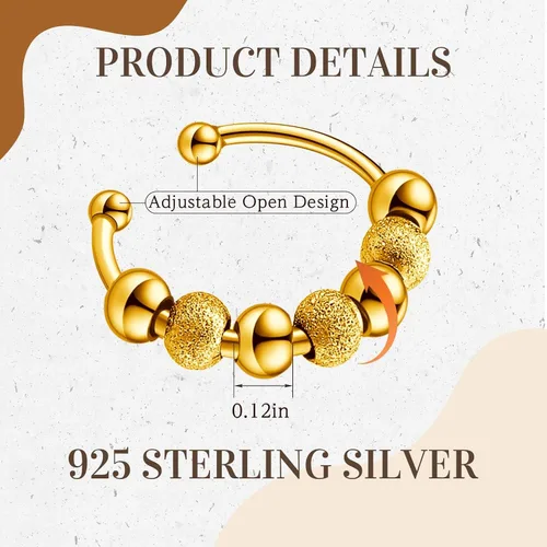 Vista 2 de Yinkin 30 anillos para ansiedad para mujeres, de acero inoxidable, ajustable, con cuentas, para hombres y adultos, alivio del estrés (dorado)