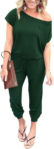 Vista 7 de PRETTYGARDEN - Enterizo holgado para mujer, unicolor, elástico, largo, con hombro descubierto y cintura elástica