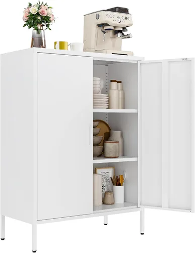 Vista 8 de Gabinete de Almacenamiento de Metal para Baño, Gabinete Aparador Negro con Puertas de Vidrio y Estantes Ajustables, Pequeños Gabinetes de Metal