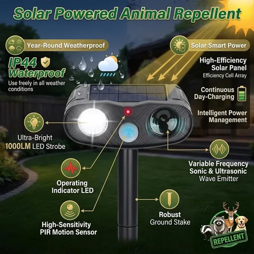 Vista 5 de Paquete de 4 repelentes solares de animales: dispositivo repelente de ciervos Sonic Fortress Pro para patio, repelente ultrasónico de gatos al aire