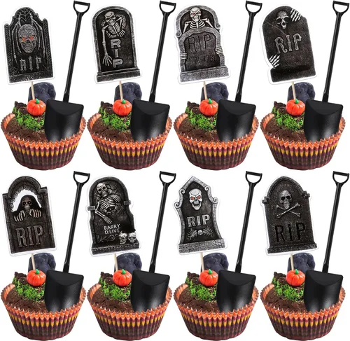 Vista 14 de Rsstarxi Paquete de 24 adornos para cupcakes Little Boo con purpurina, bruja, gato, calabaza, castillo, fantasma, magdalenas, alimentos, decoración