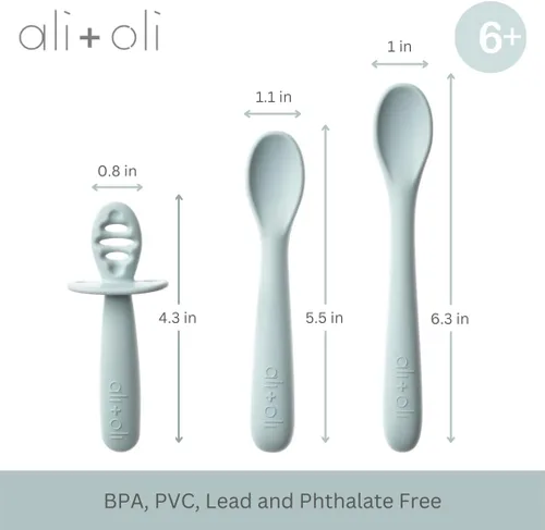 Vista 3 de Ali+Oli Juego de 3 cucharas de silicona para bebé (azul) Cucharas irrompibles para bebé, utensilios de autoalimentación, diseño multietapa, mango