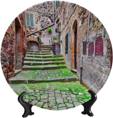 Vista 26 de Plato decorativo colgante de cerámica con temática de paisaje, plato decorativo redondo de plantas en maceta, con soporte decorativo, para sala
