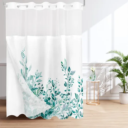 Vista 131 de Tititex - Juego de cortinas de ducha de eucalipto negro, hojas de acuarela gris en la parte superior, con decoración floral de baño, 60 x 72