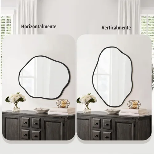 Vista 6 de ULIKE - Espejo de pared irregular de 24×36 pulgadas con marco de madera en negro – Diseño de forma orgánica abstracta para baño, dormitorio, sala
