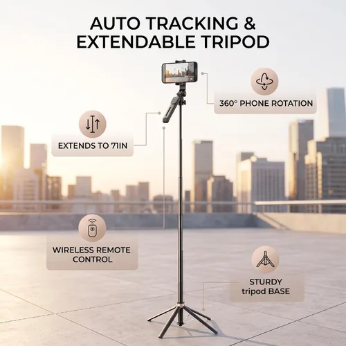 Vista 4 de 71in Height Extendable Selfie Stick Tripod, Sturdy Stainless Steel