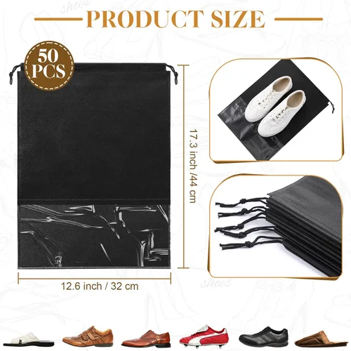 Vista 2 de Sadnyy 50 bolsas negras para zapatos para viajes, grandes no tejidas con cordón para organizar zapatos, bolsas portátiles de almacenamiento