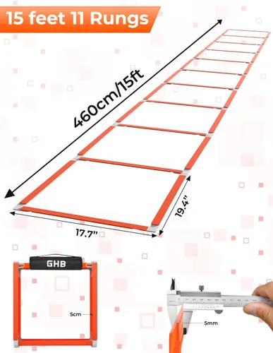 Vista 7 de GHB Tangle-Free Agility Ladder Hurdles, 15ft 11 Rungs Amarillo-6 conos