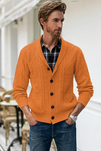 Vista 8 de JMIERR Men's Casual Long Sleeve Shawl Collar Buttons Down Cable Knit Cardigan Sweater with Pockets