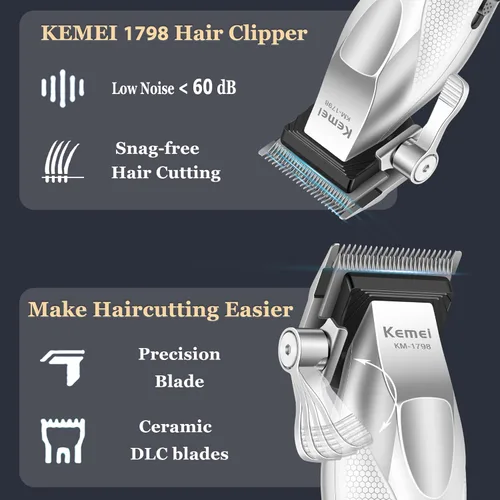 Vista 2 de KEMEI 1798 - Cortadora de pelo profesional para hombres, 9100 RPM inalámbrica, con cuerpo de metal, recortadora de pelo de 3000 mAh con pantalla