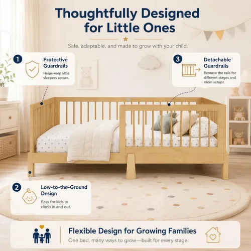 Vista 8 de SOFTSEA Cama Montessori de tamaño individual con barandillas para niños Natural