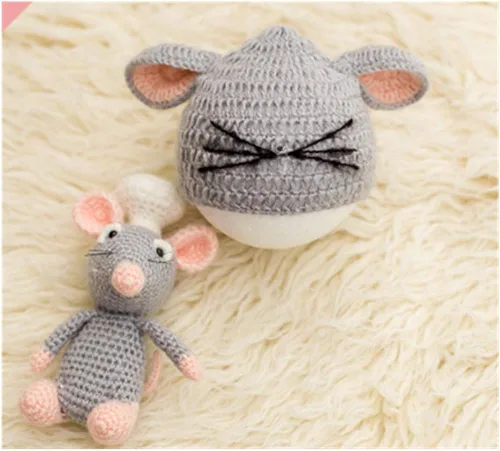 Vista 3 de Accesorios de fotografía para recién nacidos, trajes de punto para niños y niñas, accesorios para fotos de bebé, sombrero de ratón y muñeca
