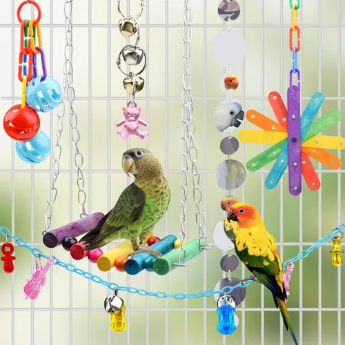 Vista 8 de QUOZUO 9 piezas de juguetes para pájaros de cacatúa, accesorios de jaula de loros, cuerda de columpio, juguete de masticación de perca de madera