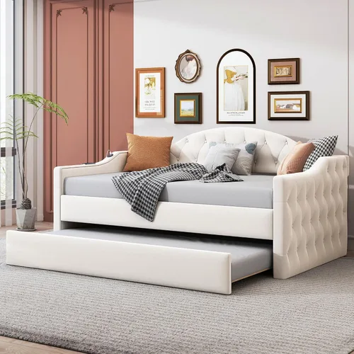 Vista 19 de Bellemave Cama diurna tamaño twin con nido para adultos, niños, niñas, adolescentes, camas diurnas con nido para sala de estar, terciopelo, beige