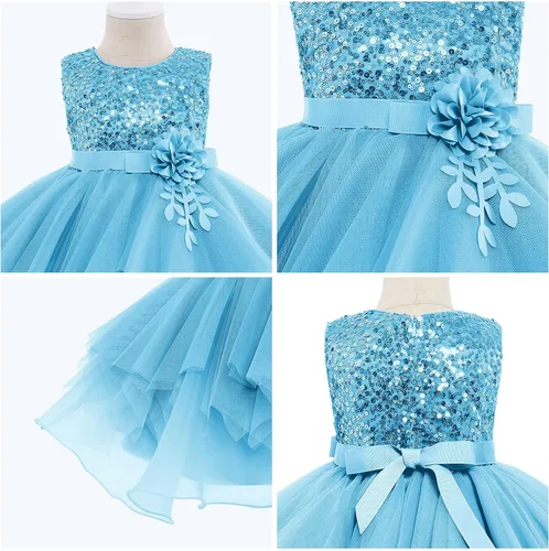 Vista 6 de Vestidos de niña de flores sin mangas de lentejuelas hinchado vestido de tul de la boda de la dama de honor del concurso bautismo cumpleaños vestido