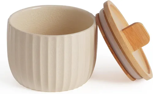 Vista 12 de Recipiente de sal con tapa de bambú, cuencos de cerámica de gran capacidad de 14 onzas, caja de pimienta, recipiente de condimentos de esmalte Negro