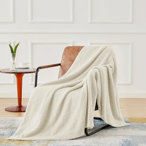 Vista 3 de CYMULA Manta de Punto Súper Suave Tamaño Throw Beige - Ligera Afelpada Esponjosa Mullida Cálida Acogedora Mantas y Throws para Sofá Cama Uso
