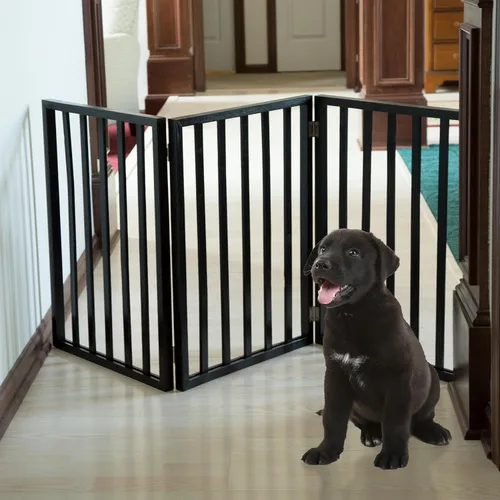 Vista 3 de Puerta para mascotas - Valla plegable de 3 paneles para perros de interior para escaleras, pasillos o puertas - Vallas para perros de madera