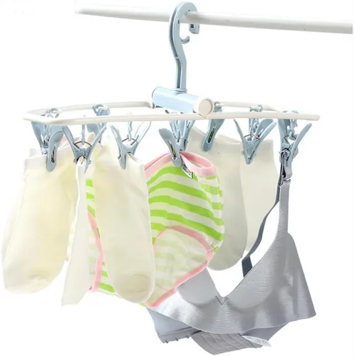 Vista 5 de Percheros de secado de ropa, paquete de 2 perchas pequeñas plegables portátiles con clips, calcetines, 12 clips, gancho giratorio de 360° para secar