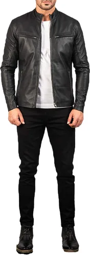 Vista 6 de Chaqueta Moto de cuero negro Hombres - 6 - Chaqueta de cuero Cafe Racer Chaqueta de cuero de piel de cordero real para hombre