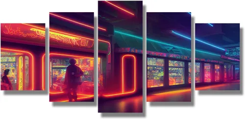 Vista 32 de Lienzo decorativo para pared, diseño de ciudad futurista Cyberpunk para sala de estar, impresión multipanel, obra de arte de cocina, pintura