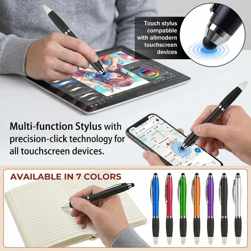 Vista 2 de 100 bolígrafos con logotipo personalizado con punta de lápiz capacitivo, bolígrafos de acción de clic Negro