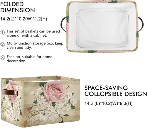 Vista 3 de ALAZA Shabby Chic - Caja de almacenamiento plegable con diseño floral de rosas, cestas organizadoras con asas para estantes, armario, sala de estar