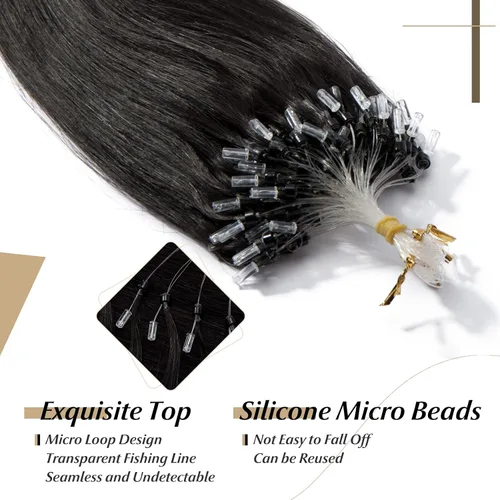 Vista 34 de SEGO Extensiones de cabello humano con micro cuentas, extensiones de cabello humano con micro bucle, lacio, natural, fusión fría, 1.76 oz/paquete