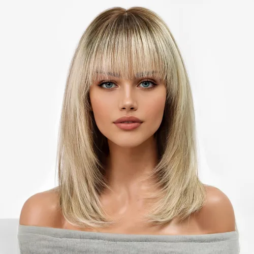 Vista 10 de KKU Pelucas de cabello humano de 16 pulgadas para mujer, peluca de cabello lacio en capas con flequillo, realismo natural, pelucas de cabello real