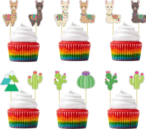 Vista 2 de Flairs New York Decoración de fiesta para cupcakes (alpacas y cactus, paquete de 24 adornos para cupcakes)