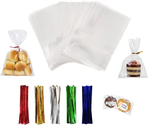 Vista 7 de 100 bolsas de celofán de 3 x 11 pulgadas, bolsas transparentes para dulces con lazos giratorios de 4 pulgadas, bolsas de plástico para violonchelo