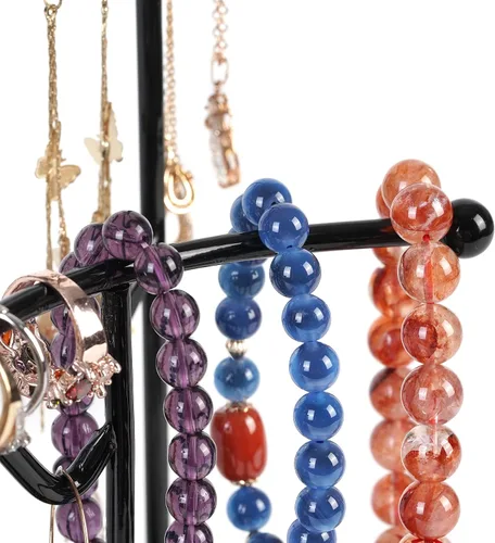 Vista 5 de Soporte organizador de aretes organizador de aretes con bandeja de madera soporte de joyería para collares aretes pulseras relojes y anillos soporte