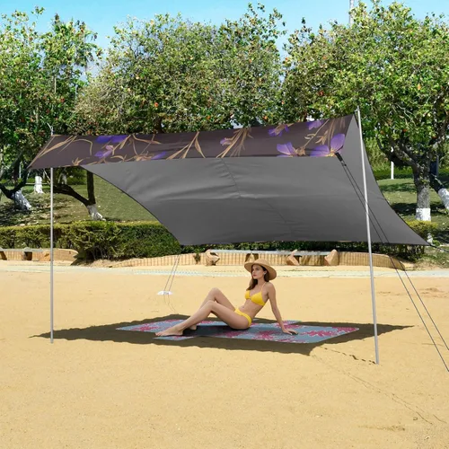 Vista 6 de Little Purple Flowers Beach Tent & Canopy UPF50+ Protection Lightweight Large Portable Sun Shelter with Sand Shovel, Sandbags for Camping, Picnics