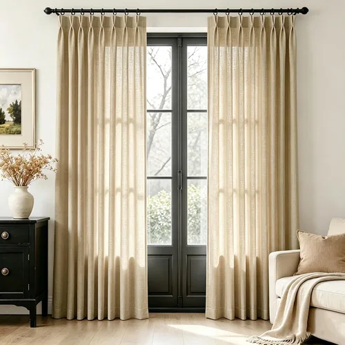Vista 36 de Cortinas de lino de 63 pulgadas, juego de 2 paneles para sala de estar, beige natural, cortinas con pliegues pellizco entrenadas con memoria