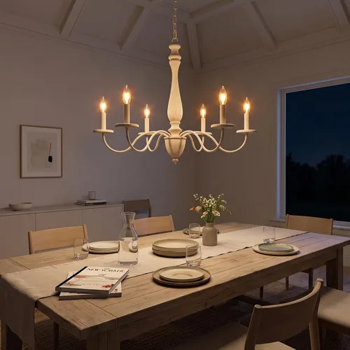 Vista 4 de Lámpara de araña de granja de 6 luces francesas blancas para comedor Blanco
