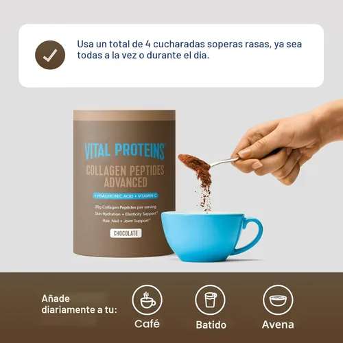 Vista 4 de Vital Proteins Péptidos de colágeno avanzados, péptidos hidrolizados con ácido hialurónico y vitamina C - Polvo sabor chocolate, 24.7 onzas