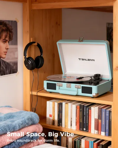 Vista 10 de Tocadiscos de maleta Bluetooth con altavoces integrados, control de graves y agudos, tocadiscos de transmisión por correa de 3 velocidades