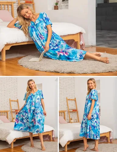 Vista 2 de Bloggerlove Vestidos de casa para mujer con bolsillos Mumu Duster Housecoat de manga corta vestido de patio S-XXL